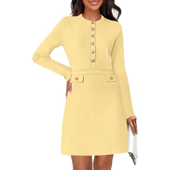 Fall 25 Long Sleeve Bodycon Light Yellow Sweater Dress Women Winter Formal Mini - Picture 1 of 6